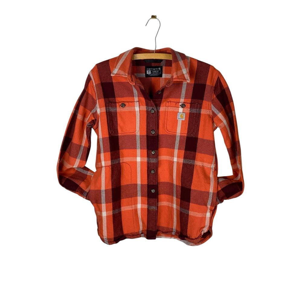 Carhartt Orange Plaid Flannel Shirt XS Rugged Flex Workwear Style Shacket